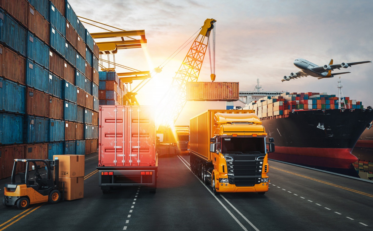 Intermodal transport solutions combining road, rail, sea, and air.