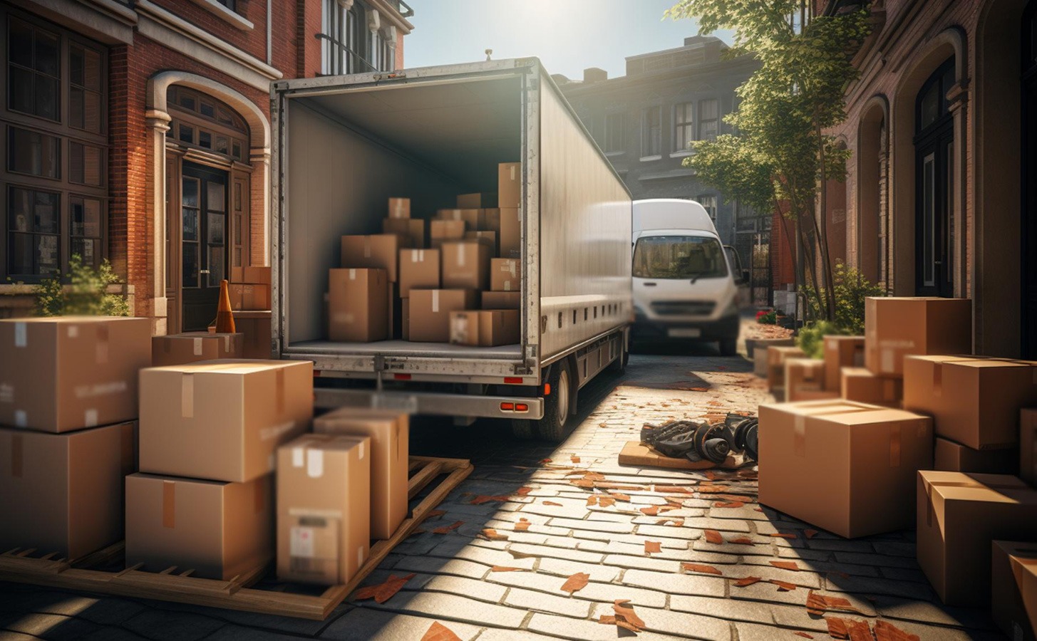 Boxes of personal belongings ready for transport.