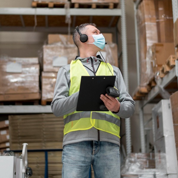 Dedicated logistics worker diligently managing packages in a warehouse.