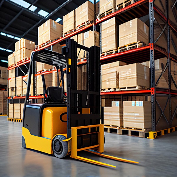 Modern warehouse with organized shelves and forklifts in operation.